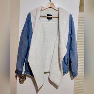 BASIC EDITIONS sizeS White Thick Fleece Lined Blue Sweater Cardigan w/ Pockets